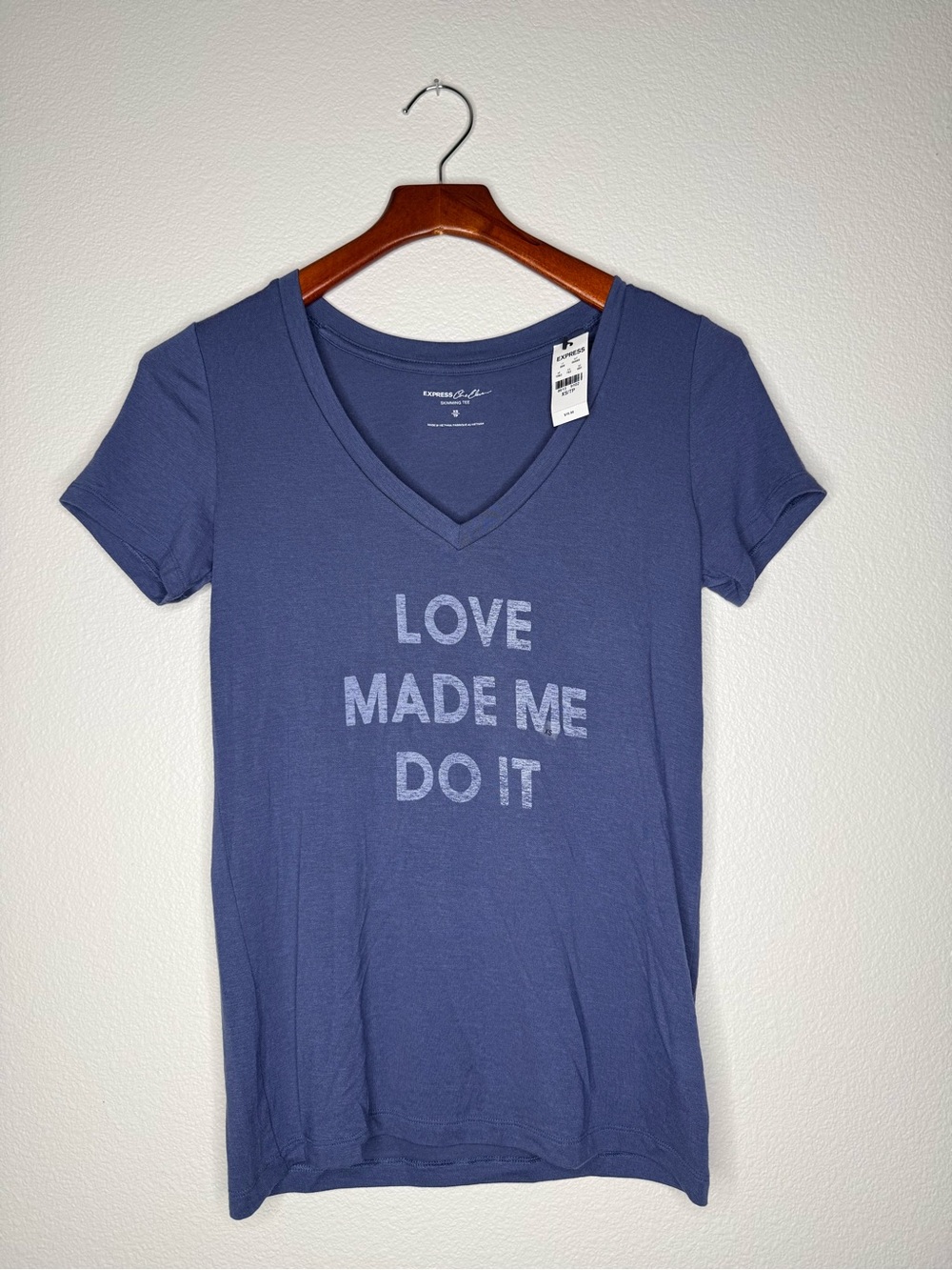 Express Blue V-Neck Tee with "LOVE MADE ME DO IT" Graphic